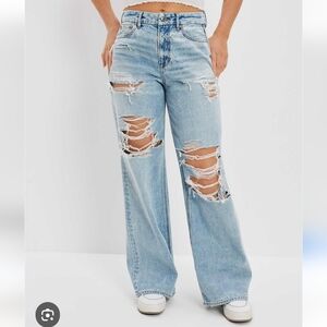 American Eagle Outfitters Super High Waisted Curvy Wide Leg Baggy Jeans Size 12